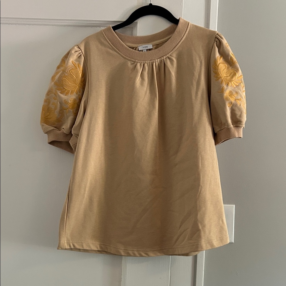 Stylish Tan Blouse with Yellow Embroidery